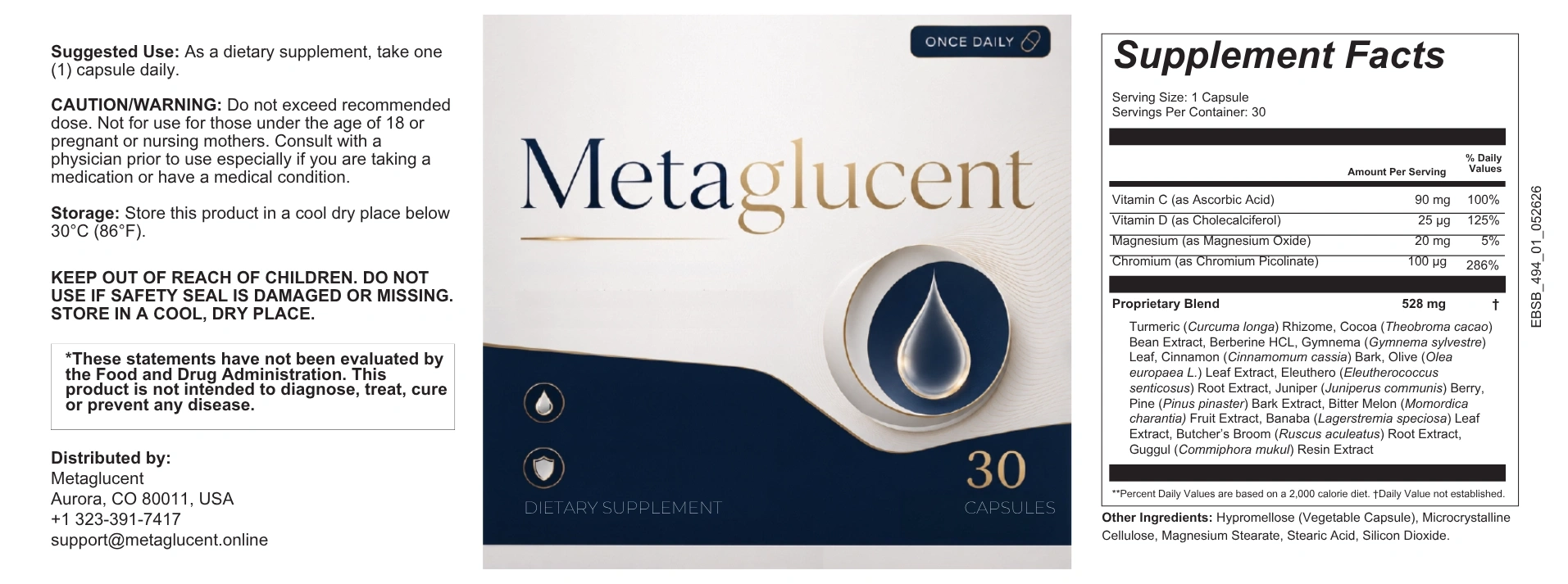 Metaglucent supplement facts ingredient label full panel USA